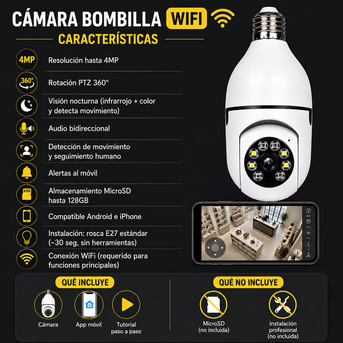 Cámara Bombilla WiFi 360° para Casa y Negocio