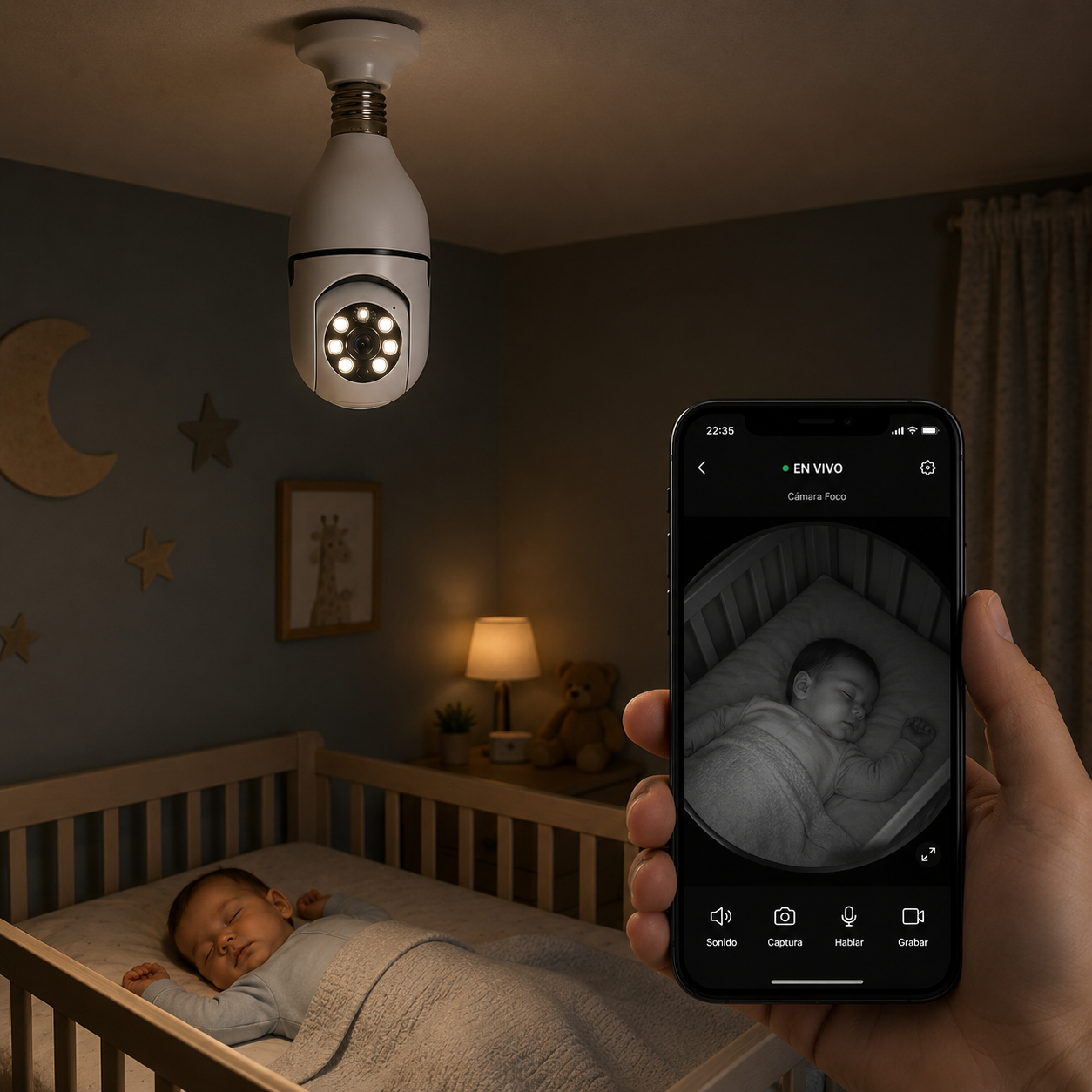 Cámara Bombilla WiFi 360° para Casa y Negocio
